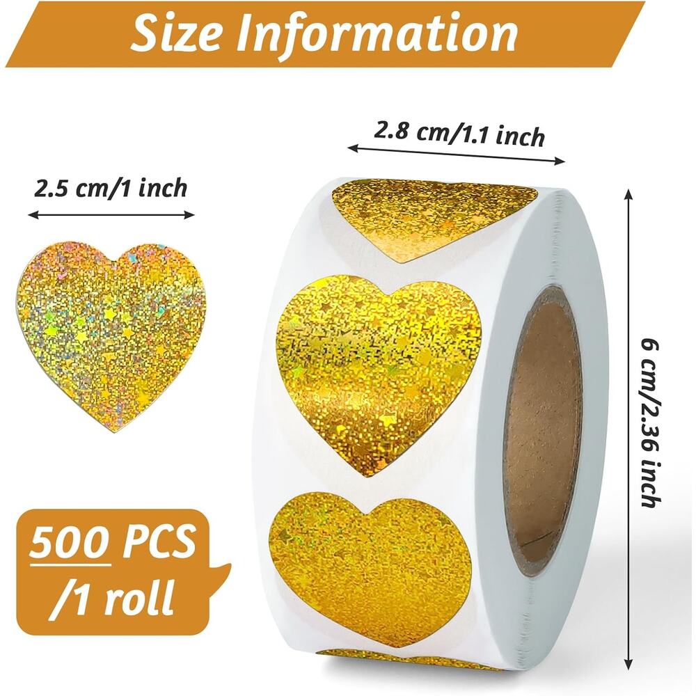 500 label roll Gold Glittery Heart Stickers, Adhesive Gold Metallic Craft Supply